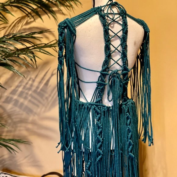 Handmade Macramé Bondage Dress Teal Blue Crochet Cut Out Distressed - Picture 13 of 16